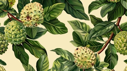 Seamless annona squamosa fruit pattern with leaves.