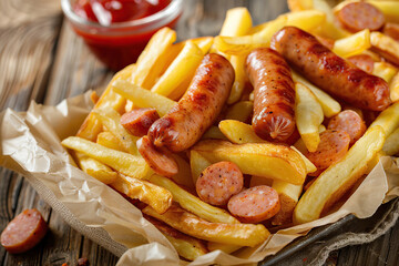 Grilled sausages and french fries wuth sause. National Junk Food Day, every year on July 21