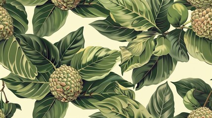 Obraz premium Seamless annona squamosa fruit pattern with leaves.