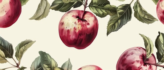 Seamless apple pattern with leaves. Tropical fruit pattern for textile design, wallpaper, and packaging.