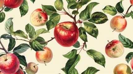 Seamless apple pattern with leaves. Tropical fruit pattern for textile design, wallpaper, and packaging.