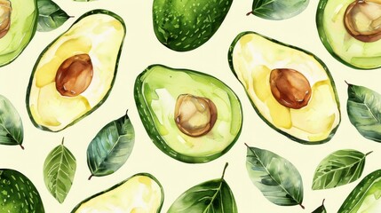 Seamless avocado pattern with leaves. Tropical fruit pattern for textile design, wallpaper, and packaging.