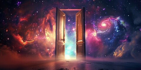 a image of a door leading to a galaxy with a bright light coming out