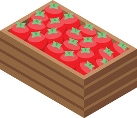 3d isometric illustration of a wooden crate overflowing with ripe, red tomatoes