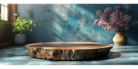 Nature-Infused Presentation Wooden Podium on Table with Lush Green Leaves Surrounding It