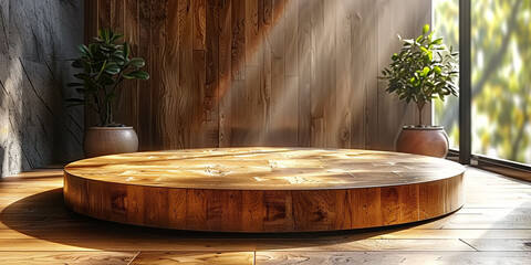 Leafy Green Ambience Wooden Podium on Table Surrounded by Nature's Beauty