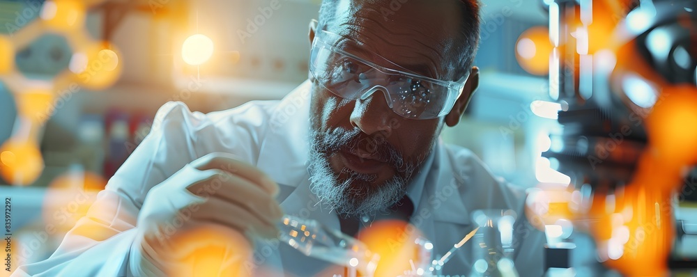 Poster nanotechnology scientists examining molecular level materials in a futuristic lab setting