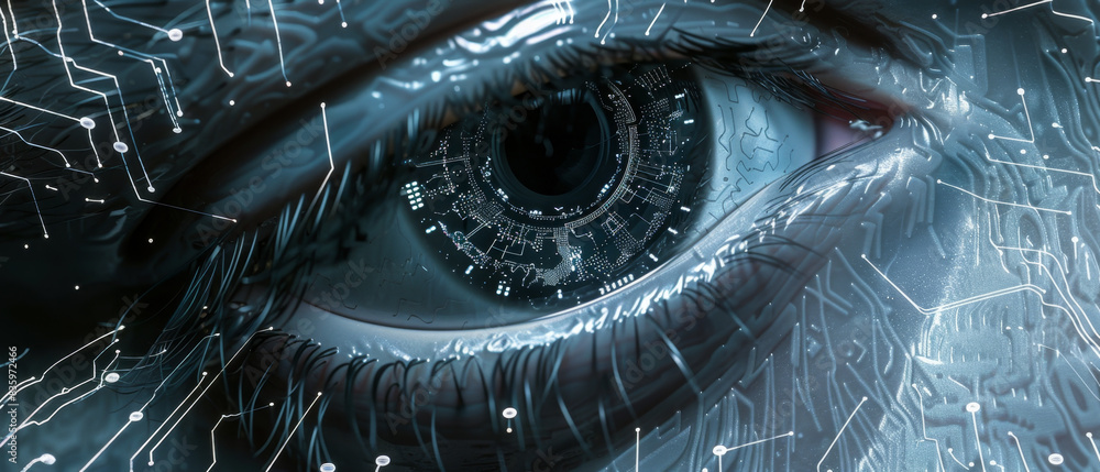 Poster intricate circuit patterns in a futuristic digital eye showcase advanced technology and innovation.