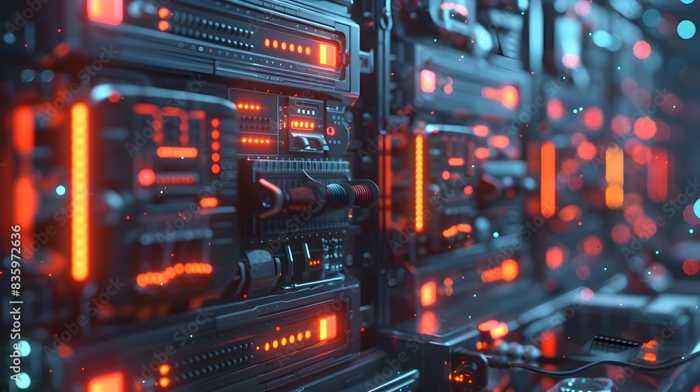 Poster glowing cryptocurrency mining rigs in complex data center network