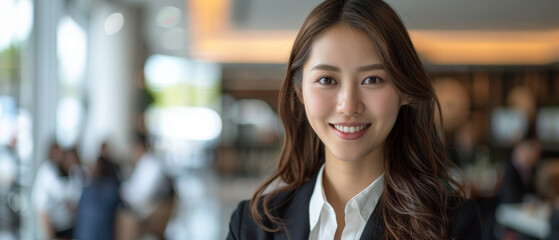 Brightly smiling businesswoman in suit against white office background.