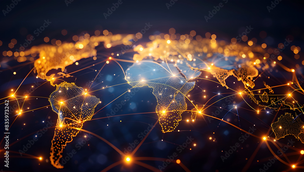 Poster abstract digital world map with glowing connections and lines, representing global connectivity.
