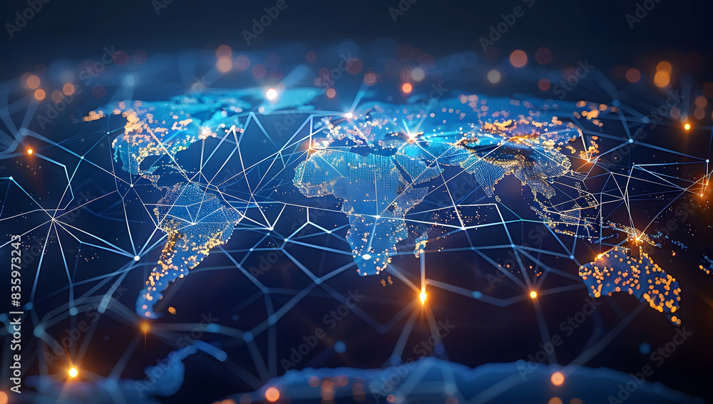 Poster digital map of the world with glowing connections and lines.