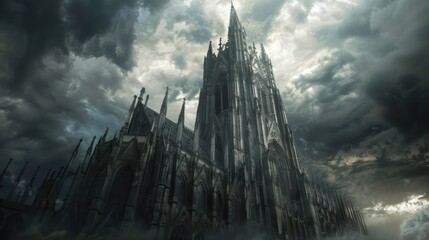 Obraz premium Fantasy world wizard old castle building with nighttime foggy darkness light.