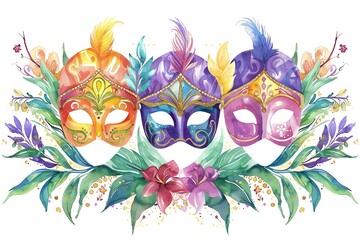 Mardi Gras masks, watercolor floral border, watercolor illustration, isolate on white background,