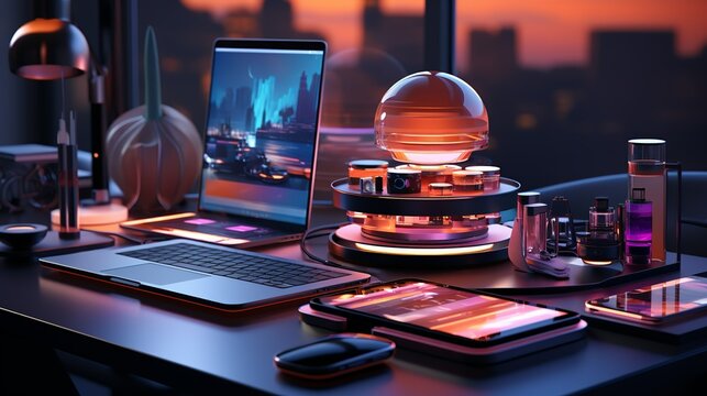 An array of advanced gadgets neatly arranged on a futuristic table, showcasing the latest in consumer electronics. Painting Illustration style, Minimal and Simple,