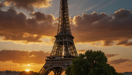 Sunset over the Eiffel Tower in Paris, the sky ablaze with vibrant hues, the iconic structure silhouetted against the breathtaking evening backdrop.