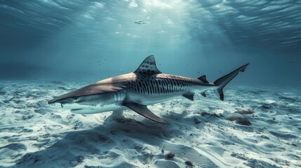 A tiger shark swimming powerfully near the ocean floor, its distinctive stripes and sleek body visible against the sandy seabed
