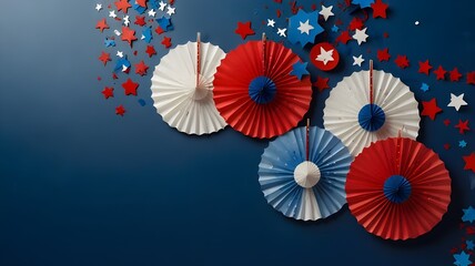 4th of july usa presidents day independence day memorial day us election concept red white and blue paper fans with stars confetti on blue background flat lay top view copy space banner