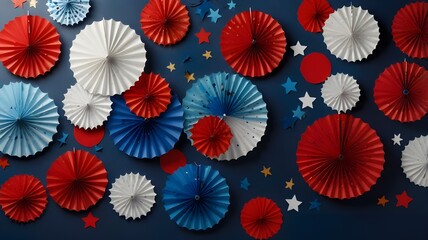 4th of july usa presidents day independence day memorial day us election concept red white and blue paper fans with stars confetti on blue background flat lay top view copy space banner