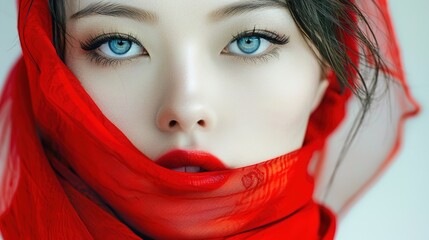 Elegant Woman with Red Scarf: Ethereal Beauty in High Definition