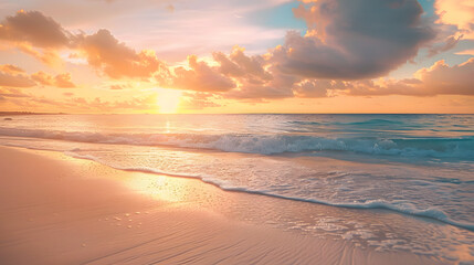 Obraz premium Closeup sea sand beach. Panoramic beach landscape. Inspire tropical beach seascape horizon. Orange and golden sunset sky calmness tranquil relaxing sunlight summer mood. Vacation travel holiday banner