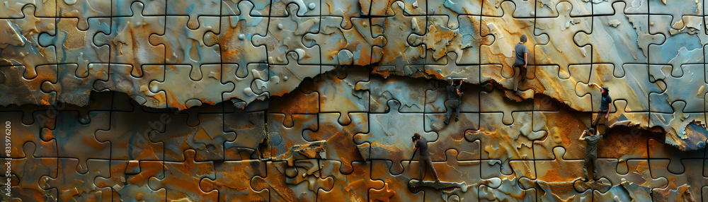 Poster team building activities: puzzle imagery symbolizing problem solving and unity in the workplace. cor