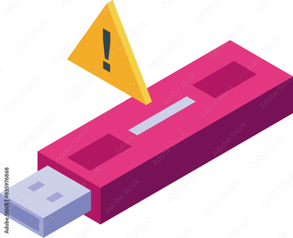 Poster isometric vector design of a red usb stick with a yellow warning sign, indicating a data error or is