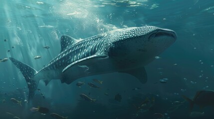 A whale shark gliding peacefully through warm, clear waters, its enormous size and gentle nature visible among smaller fish
