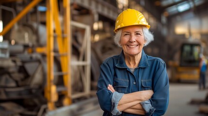 Confident Senior Female Construction Worker in Hard Hat and Workwear in Industrial Factory Setting