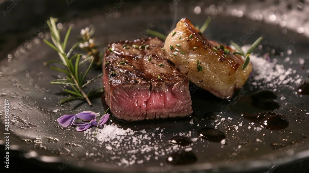 Wall mural A steak with a crispy sear, sliced open to reveal a rare center, decorated with rosemary.