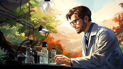 A biohacker working in a laboratory, exploring the intersection of technology and biology in the quest for human enhancement. Painting Illustration style, Minimal and Simple,