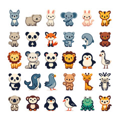 A collection of 30 colorful, cartoon-style animal icons featuring various cute animals such as bears, pandas, lions, foxes, dolphins, penguins, and more