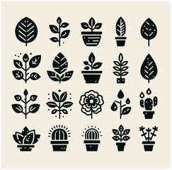A collection of 20 black and white, stylized plant and leaf icons, featuring various potted plants, cacti, and floral designs in a minimalist and modern style