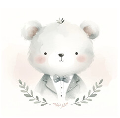 A cute, watercolor-style illustration of a white bear dressed in a gray suit and bow tie, with soft pastel colors and delicate foliage accents