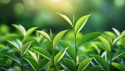 Obraz premium 朝日に照らされて成長する茶葉