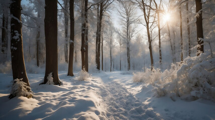 Peaceful Winter Forest with Snow-Covered Path and Sunlight Filtering Through Bare Trees