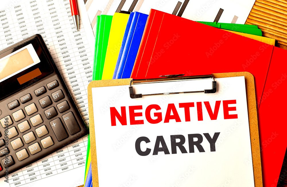 Poster negative carry text on clipboard with calculator and color folder