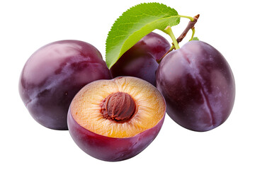 Branch with Ripe Plums and Green Leaves  Isolated on Transparent Background