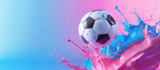 Dynamic Soccer Ball Sailing Through a Dreamy Blue and Pink Paint Splash, A Visual Symphony, Generative AI