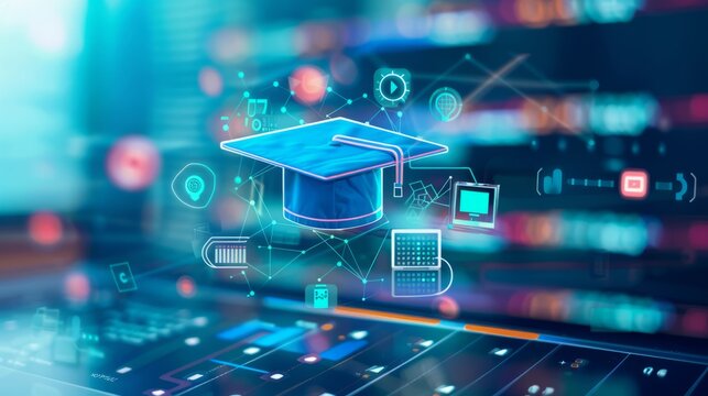 digital education concept with icons of computer, graduation cap and school board on blurred background. Digital learning online system for distance education or futuristic new AI technology