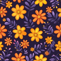 Seamless Floral Pattern with Vibrant Yellow and Orange Flowers on Dark Background Generative AI