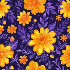 Obraz premium Seamless Floral Pattern with Vibrant Yellow and Orange Flowers on Dark Background Generative AI