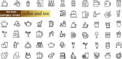 icon, coffee, tea, drink, bottle, water, juice, milk, wine, glass, set, cup, vector, beer, mug, thin, alcohol, pot, champagne, cocktail, carton, kettle, coconut, ice, illustration, dairy, go, bucket, 