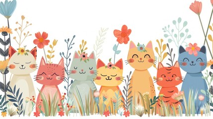 Obraz premium Joyous Cartoon Cats Amidst Lush Floral Splendor Celebrate Spring's Beauty, Generative ai