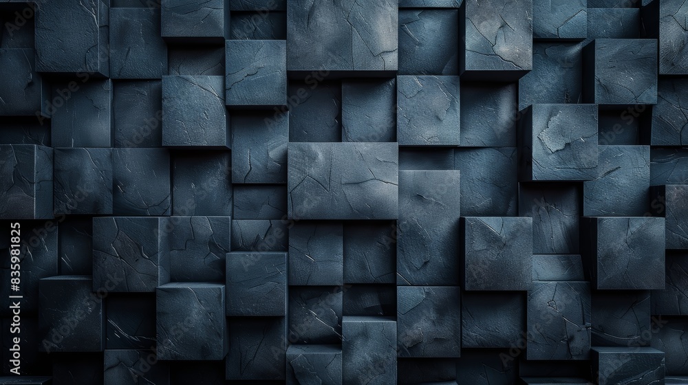 Poster abstract 3d cubes pattern in dark blue tones, creating a modern and futuristic geometric background.