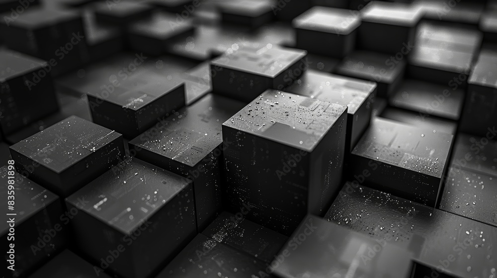 Poster Abstract black 3D cubes with digital patterns, creating a high-tech and futuristic background for technology themes.