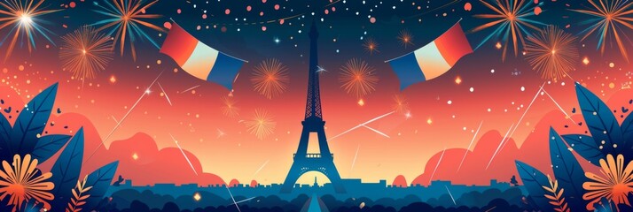 Horizontal banner. Bastille Day, celebration of the French National Day. Fireworks over Paris against the backdrop of the Eiffel Tower with two country's flags and a panorama of the city.