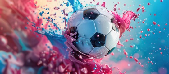 Fototapeta premium Soccer Ball Soaring Through a Dreamy Blue and Pink Paint Wave, Captured in Motion, Generative AI