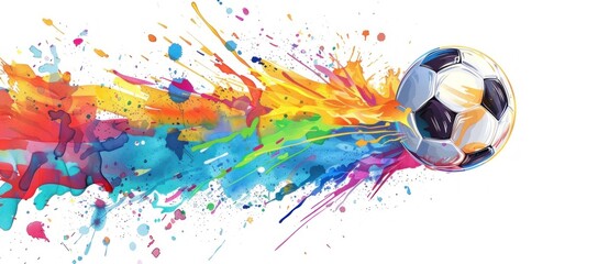 Soccer Ball in Flight Against a Stunning Backdrop of Colorful Watercolor Splashes, Generative AI