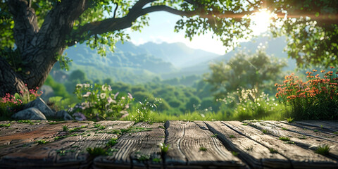A Wooden Table Overlooking Majestic Mountain Peaks in a Tranquil Natural Setting